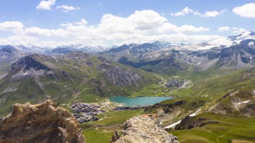 View of Tignes Le Lac (L) and Val Claret (R) in the summer